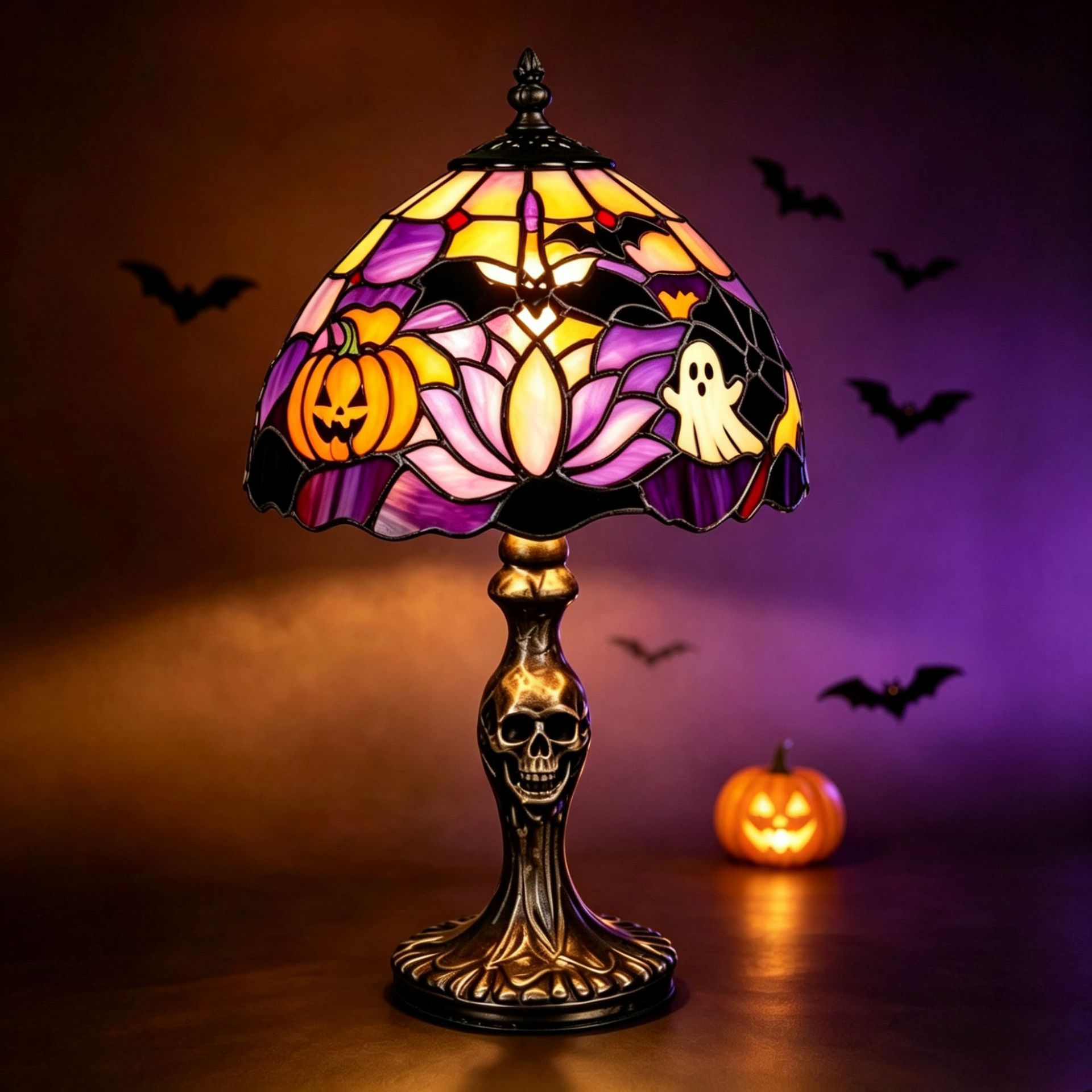 🎃 Vintage-style pumpkin and bat pattern Halloween table lamp🎃