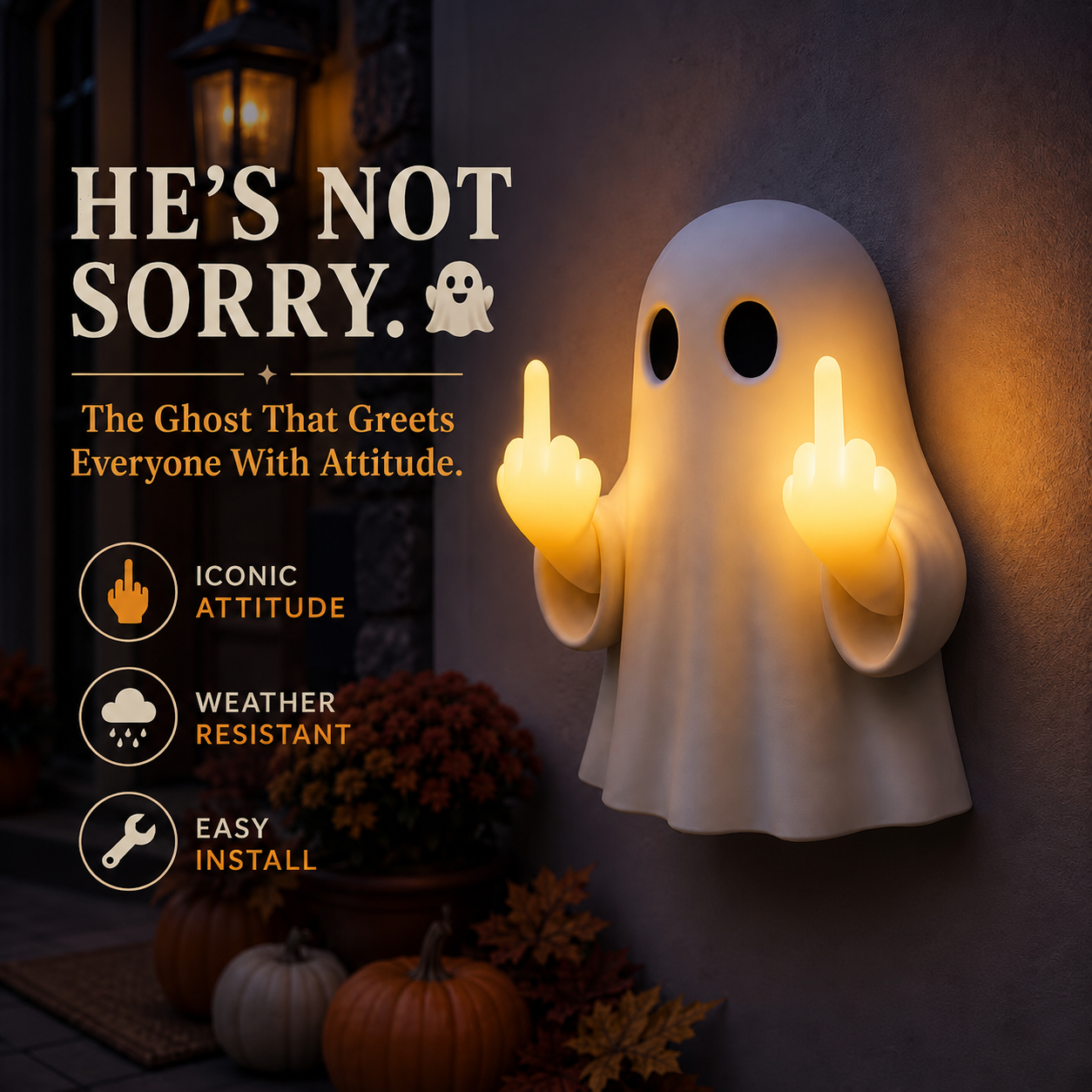 👻👻Glow Spook Funny Middle‑Finger Ghost Wall Decor, Halloween Cute Edgy Ghost Ornament 