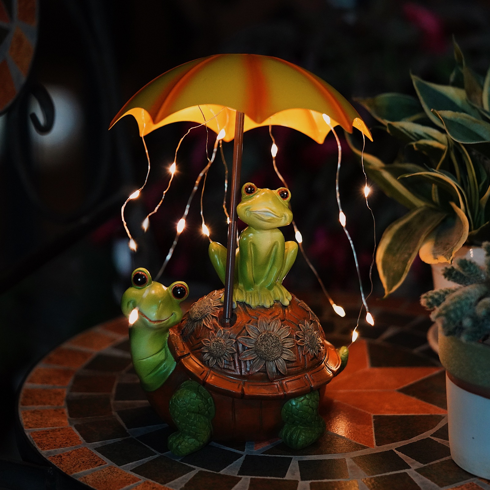Solar Frog Riding Turtle Garden Outdoor Decor Statue