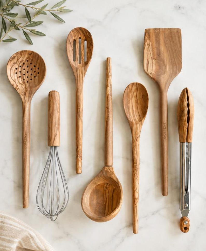 Olive Wood Kitchen Utensil Set: Cooking Tools 