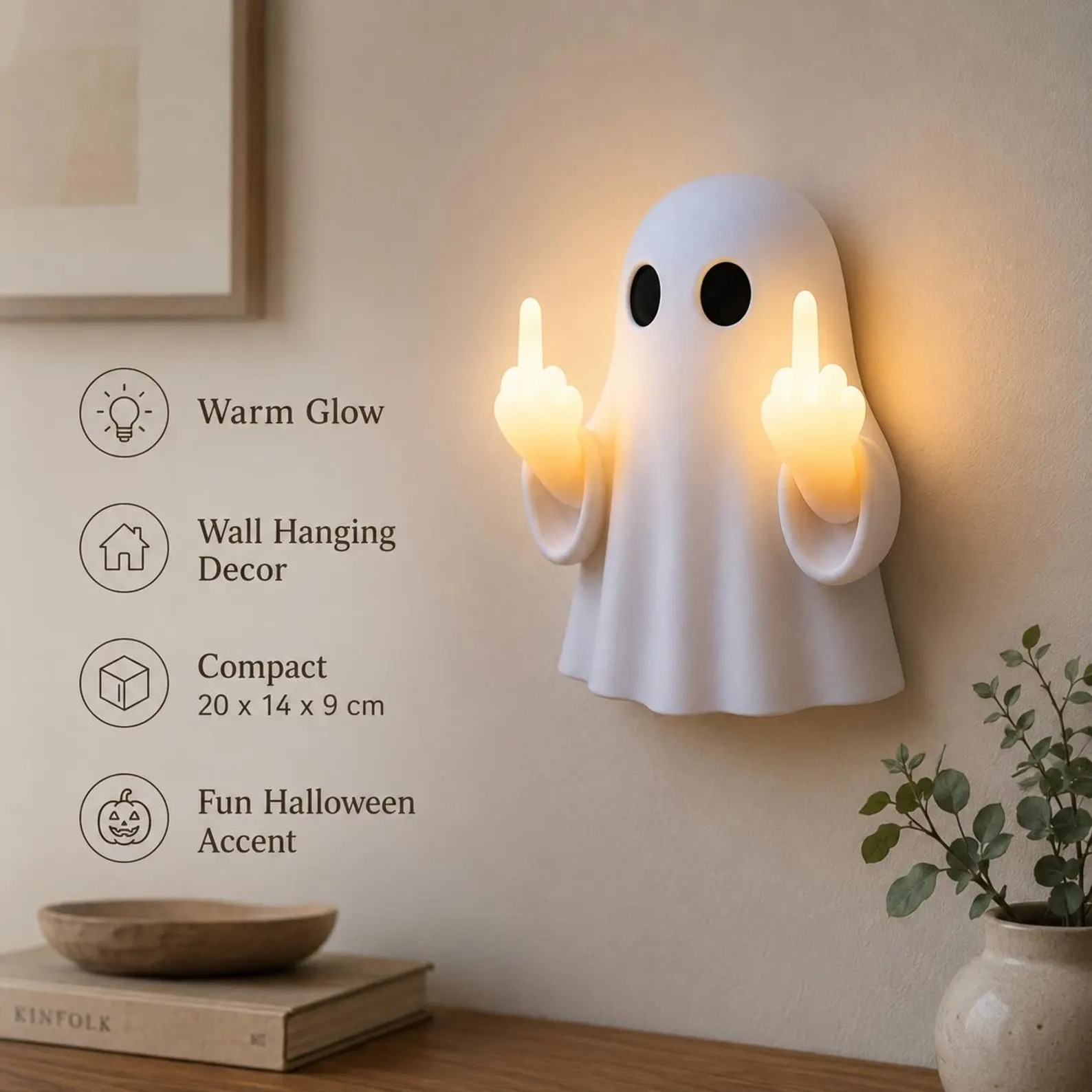 👻👻Funny Ghost Middle Finger LED Lamp,Halloween Cute Edgy Ghost Ornament