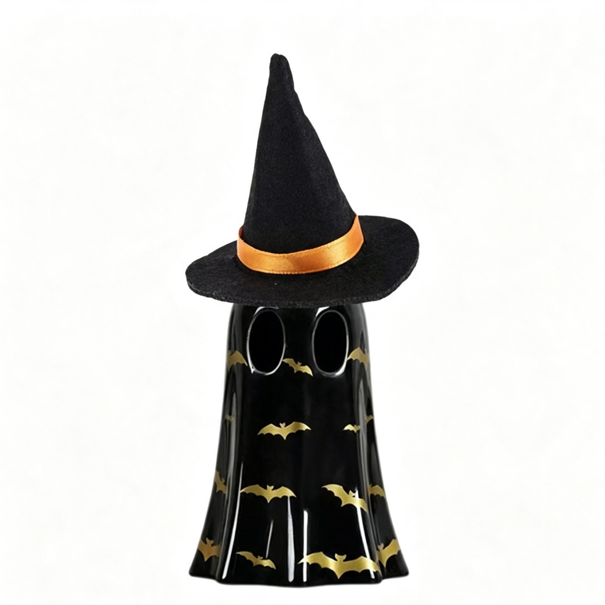 🎃🕷️👻 Set of 3 Halloween Ceramic Ghost Decor | Ceramic Ghost Figurines with Witch Hats, Cute Spooky Indoor Ornaments for Mantel, Shelf & Tabletop
