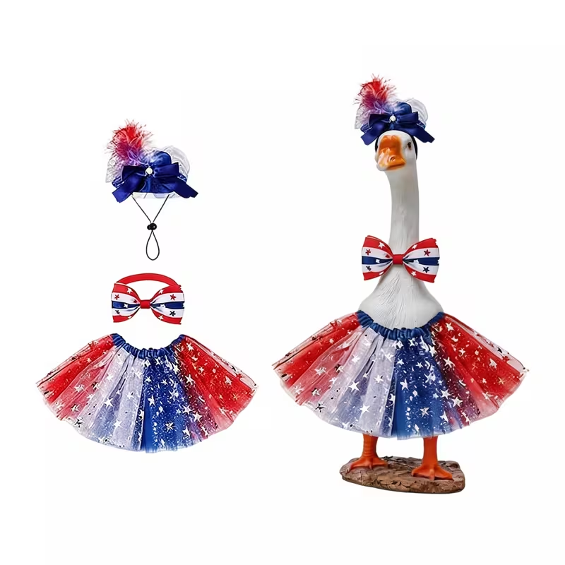 Last Day Up To 70% Off - 3PCS Stars & Stripes Tutu Skirt & Mini Hat Set | 4th of July Lawn Goose Outfit for 23 Inch Porch Goose Statue