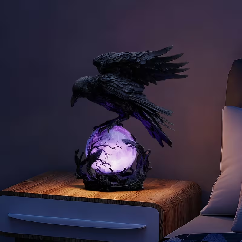 Last Day Up To 70% Off 🖤 Gothic LED Lamp, Mysterious Hollow Raven Sculpture With Glowing Orb, 3D Moonlight Lantern Decor For Gothic & Halloween Lovers