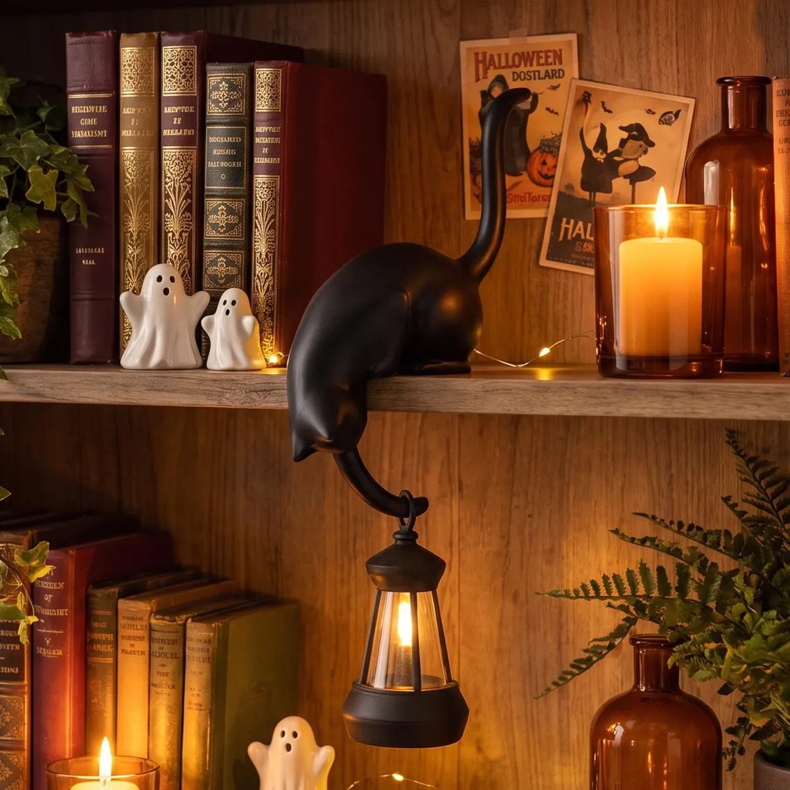 🐱✨ Cat Figurine with LED Lantern – Magical Bookshelf Decor for a Cozy Home Atmosphere 🏡