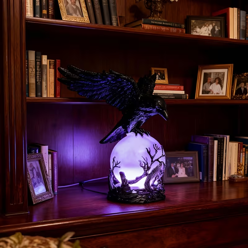 Last Day Up To 70% Off 🖤 Gothic LED Lamp, Mysterious Hollow Raven Sculpture With Glowing Orb, 3D Moonlight Lantern Decor For Gothic & Halloween Lovers