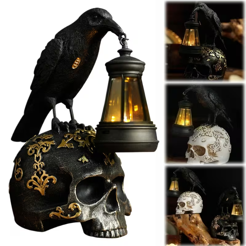 🦅 Solar Raven Skull Lantern – Gothic Halloween Outdoor Decor