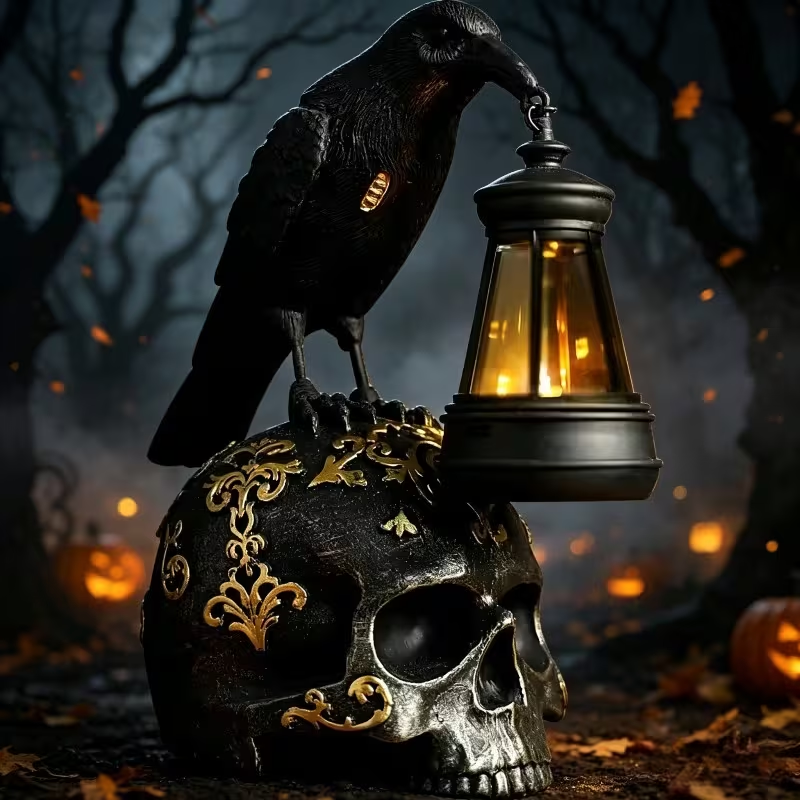 🦅 Solar Raven Skull Lantern – Gothic Halloween Outdoor Decor