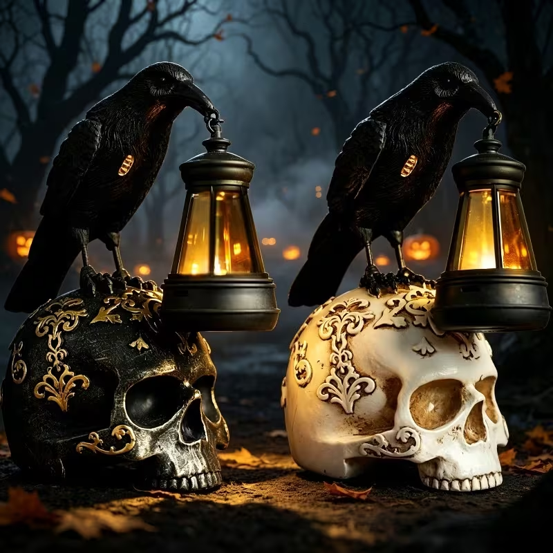 🦅 Solar Raven Skull Lantern – Gothic Halloween Outdoor Decor