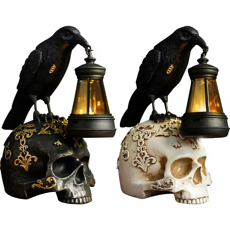 🦅 Solar Raven Skull Lantern – Gothic Halloween Outdoor Decor