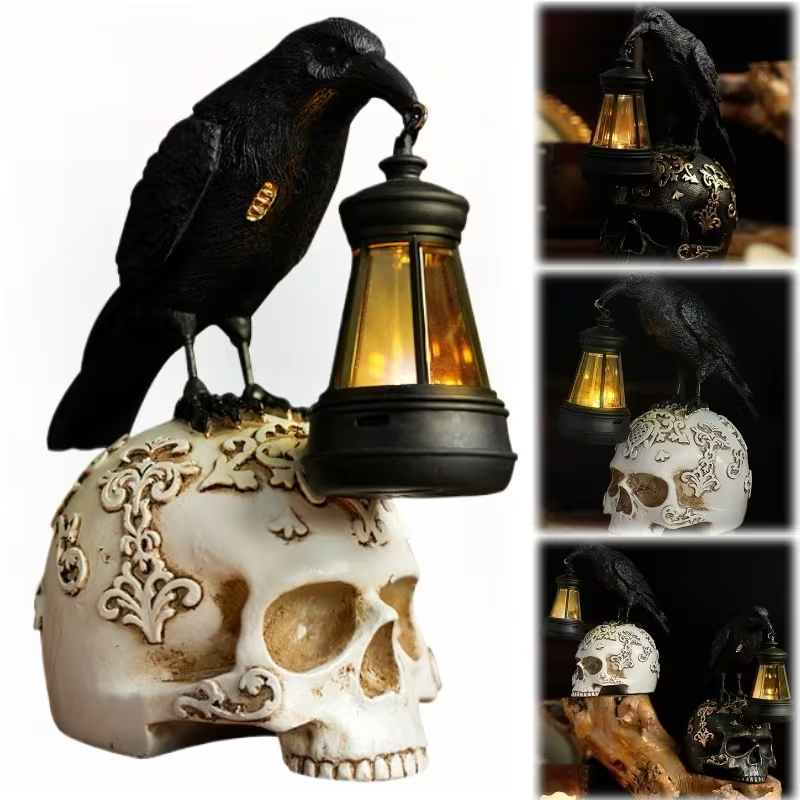 🦅 Solar Raven Skull Lantern – Gothic Halloween Outdoor Decor