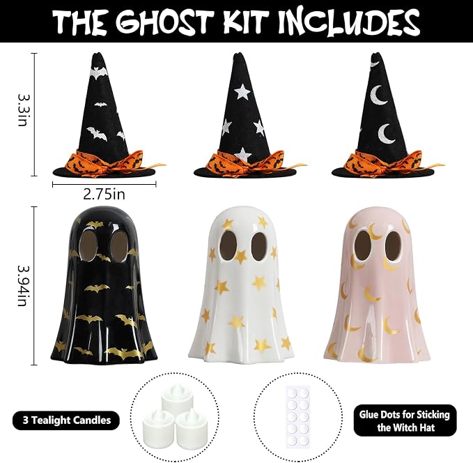 🎃🕷️👻 Set of 3 Halloween Ceramic Ghost Decor | Ceramic Ghost Figurines with Witch Hats, Cute Spooky Indoor Ornaments for Mantel, Shelf & Tabletop