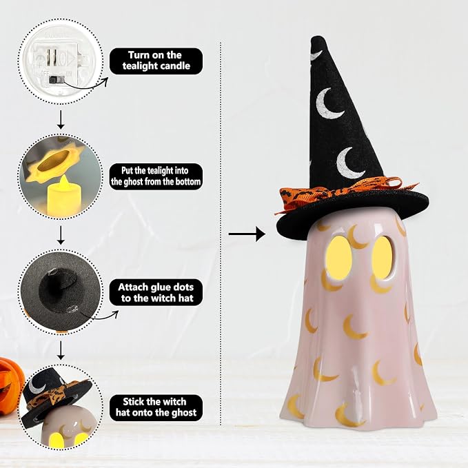 🎃🕷️👻 Set of 3 Halloween Ceramic Ghost Decor | Ceramic Ghost Figurines with Witch Hats, Cute Spooky Indoor Ornaments for Mantel, Shelf & Tabletop