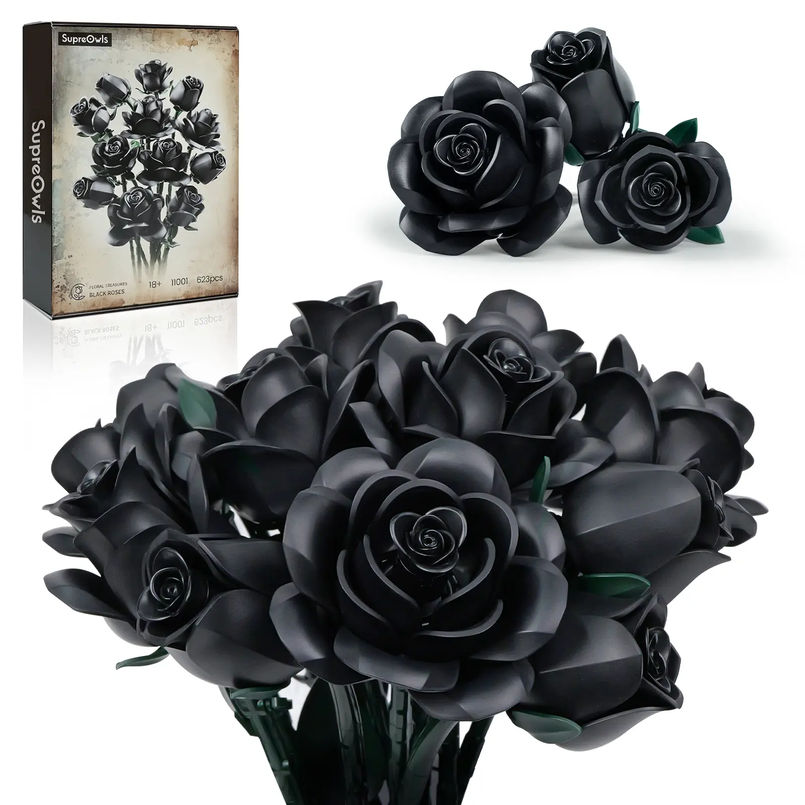 🌹50% OFF - Supreowls Black Rose Flower Bouquet Building Set, Black Rose Eternal Flower Botanical Collection Blocks Kit Compatible for Adults Women, Artificial Flowers Gothic Decor for Valentine's Day & Halloween & Christmas Gift