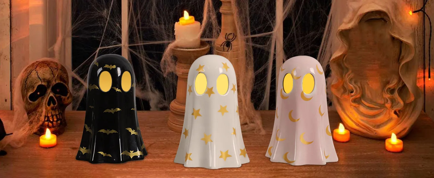 🎃🕷️👻 Set of 3 Halloween Ceramic Ghost Decor | Ceramic Ghost Figurines with Witch Hats, Cute Spooky Indoor Ornaments for Mantel, Shelf & Tabletop