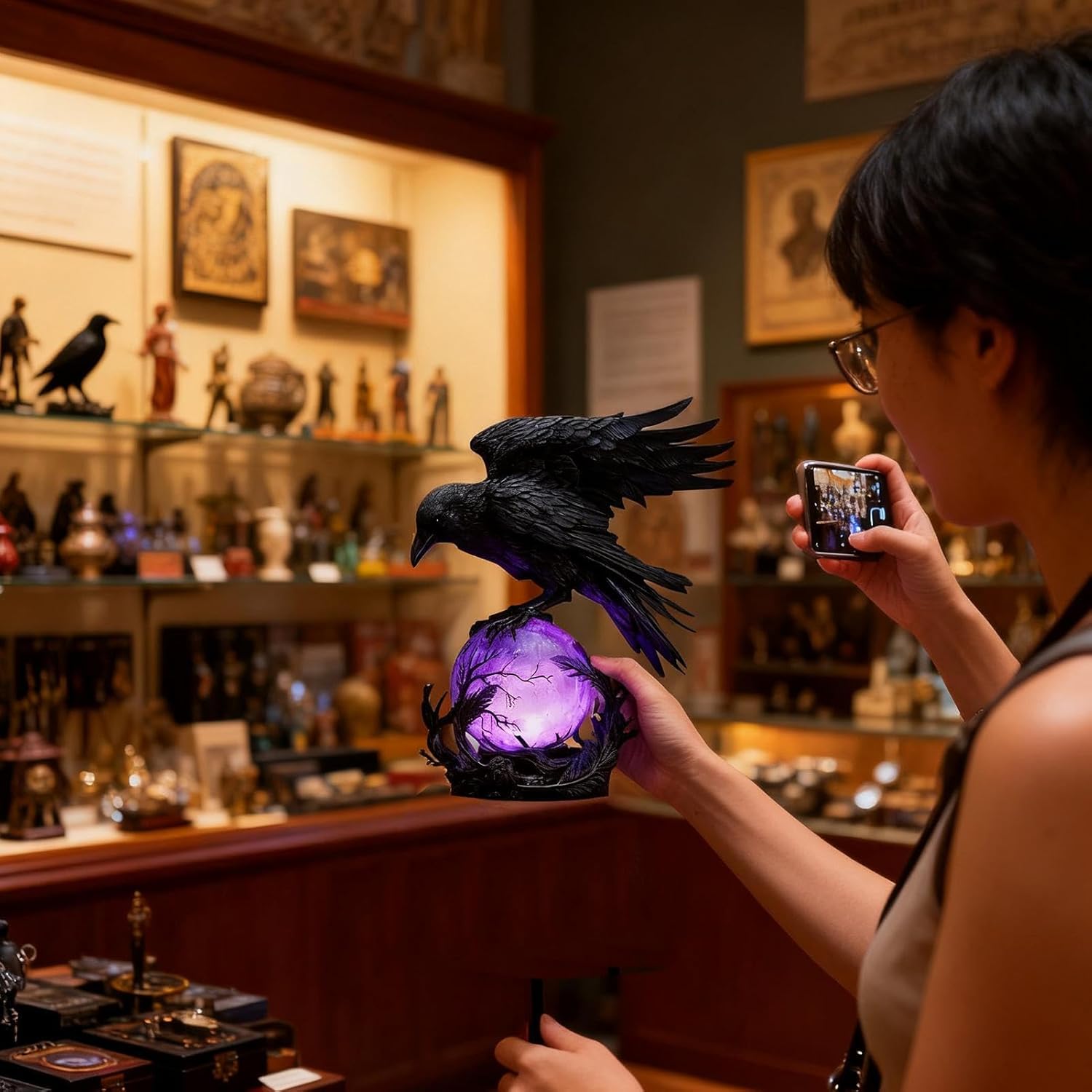 Last Day Up To 70% Off 🖤 Gothic LED Lamp, Mysterious Hollow Raven Sculpture With Glowing Orb, 3D Moonlight Lantern Decor For Gothic & Halloween Lovers