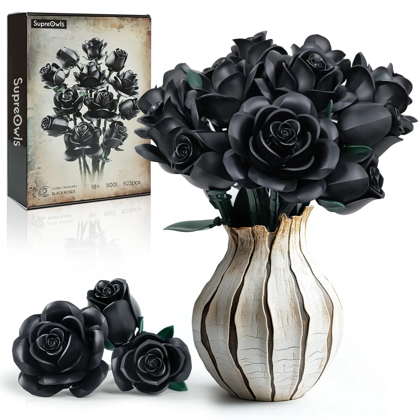 🌹50% OFF - Supreowls Black Rose Flower Bouquet Building Set, Black Rose Eternal Flower Botanical Collection Blocks Kit Compatible for Adults Women, Artificial Flowers Gothic Decor for Valentine's Day & Halloween & Christmas Gift