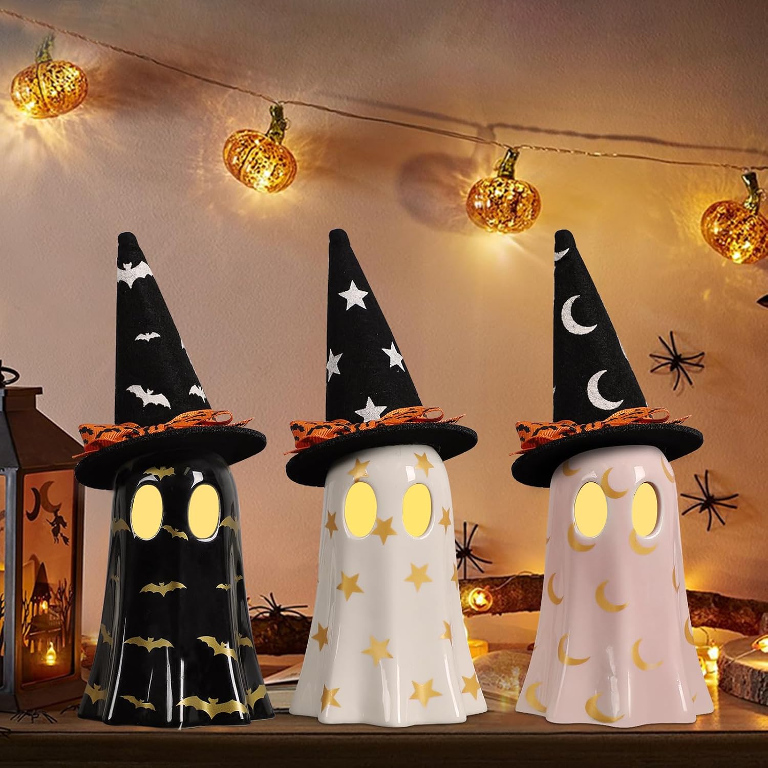 Set of 3 Halloween Ceramic Ghost Decor for Halloween Decorations Indoor | Ceramic Ghost Figurines with Witch Hats for Indoor Halloween Decor. Cute Spooky Ghost Decor for Mantel, Shelf or Tabletop