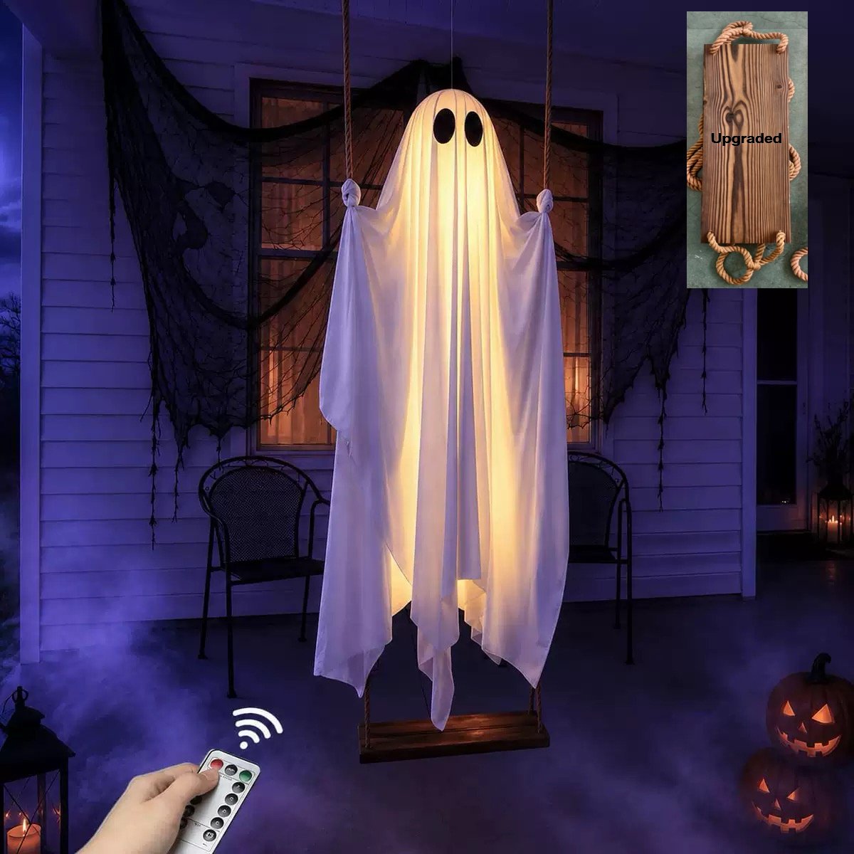 🎁HOT DEAL – Up to 49% OFF🔥Halloween Decorations OutdoorHanging Swing Ghost Halloween Decor with String Lights, Spooky Cute Ghosts Decorations for Front Porch Yard Tree