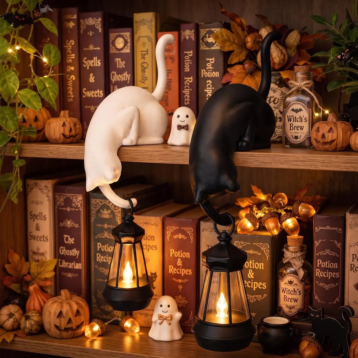 🐱✨ Cat Figurine with LED Lantern – Magical Bookshelf Decor for a Cozy Home Atmosphere 🏡