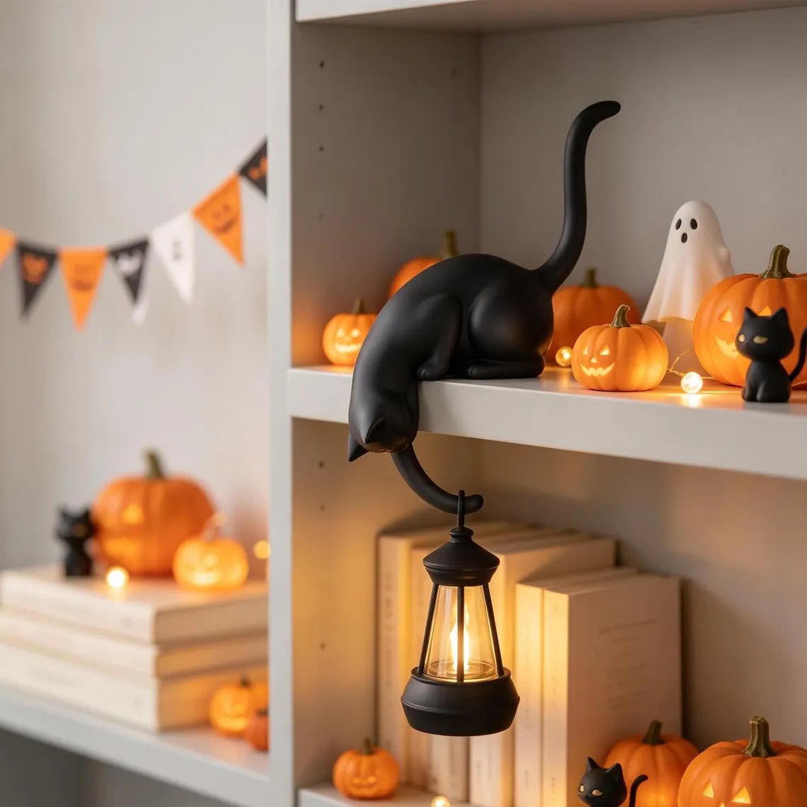 🐱✨ Cat Figurine with LED Lantern – Magical Bookshelf Decor for a Cozy Home Atmosphere 🏡