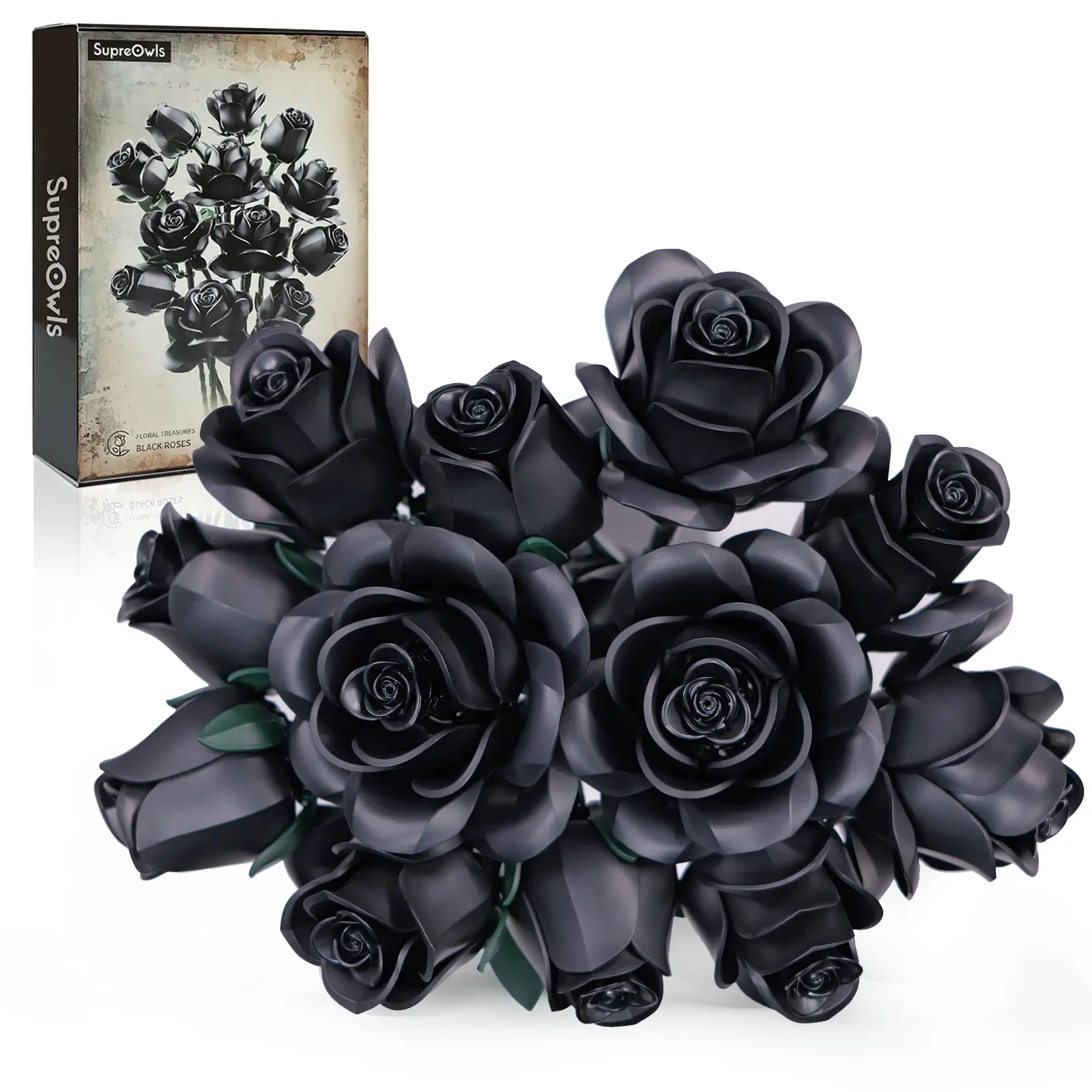 🌹50% OFF - Supreowls Black Rose Flower Bouquet Building Set, Black Rose Eternal Flower Botanical Collection Blocks Kit Compatible for Adults Women, Artificial Flowers Gothic Decor for Valentine's Day & Halloween & Christmas Gift