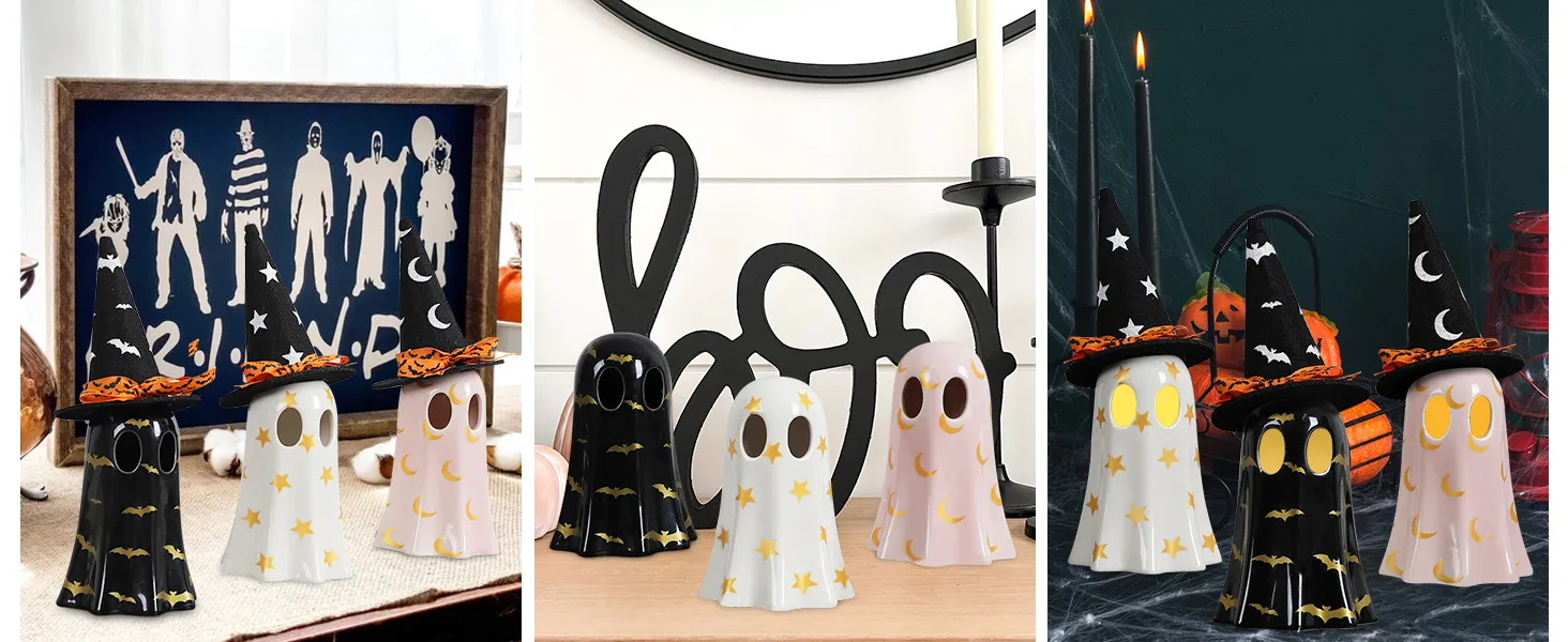 🎃🕷️👻 Set of 3 Halloween Ceramic Ghost Decor | Ceramic Ghost Figurines with Witch Hats, Cute Spooky Indoor Ornaments for Mantel, Shelf & Tabletop