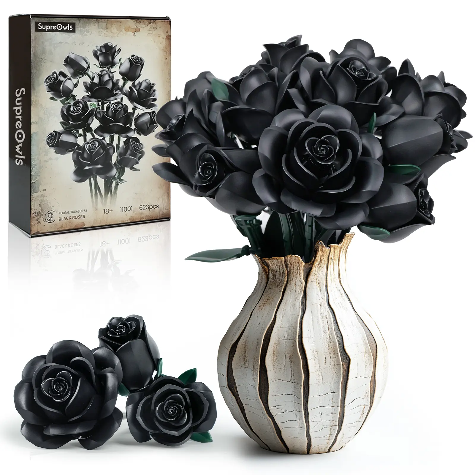 🌹50% OFF - Supreowls Black Rose Flower Bouquet Building Set, Black Rose Eternal Flower Botanical Collection Blocks Kit Compatible for Adults Women, Artificial Flowers Gothic Decor for Valentine's Day & Halloween & Christmas Gift