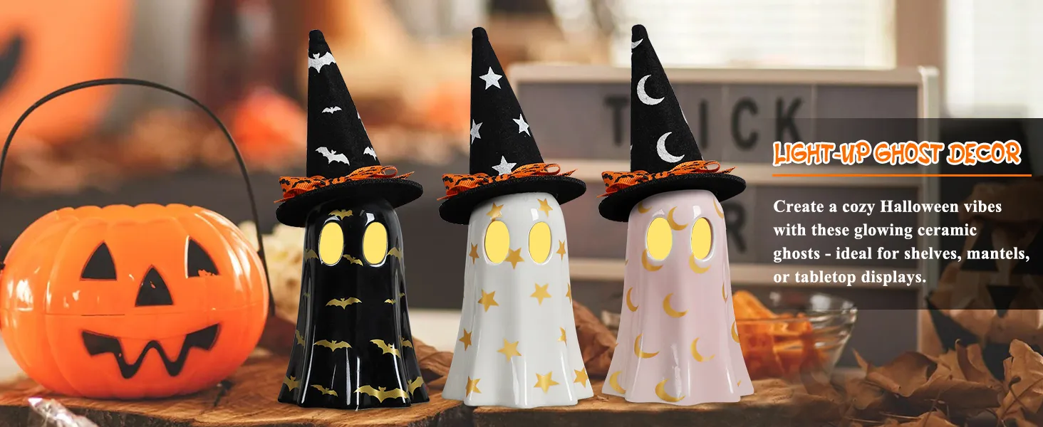🎃🕷️👻 Set of 3 Halloween Ceramic Ghost Decor | Ceramic Ghost Figurines with Witch Hats, Cute Spooky Indoor Ornaments for Mantel, Shelf & Tabletop
