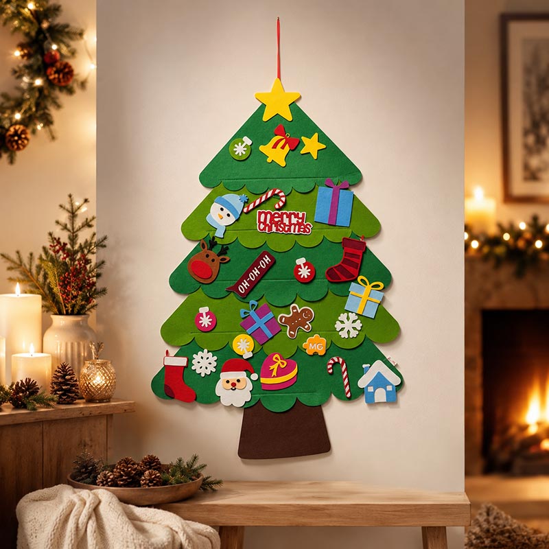 🎄 3D Felt Christmas Tree for Kids – 25 Ornaments, Wall Hanging DIY Decor Set