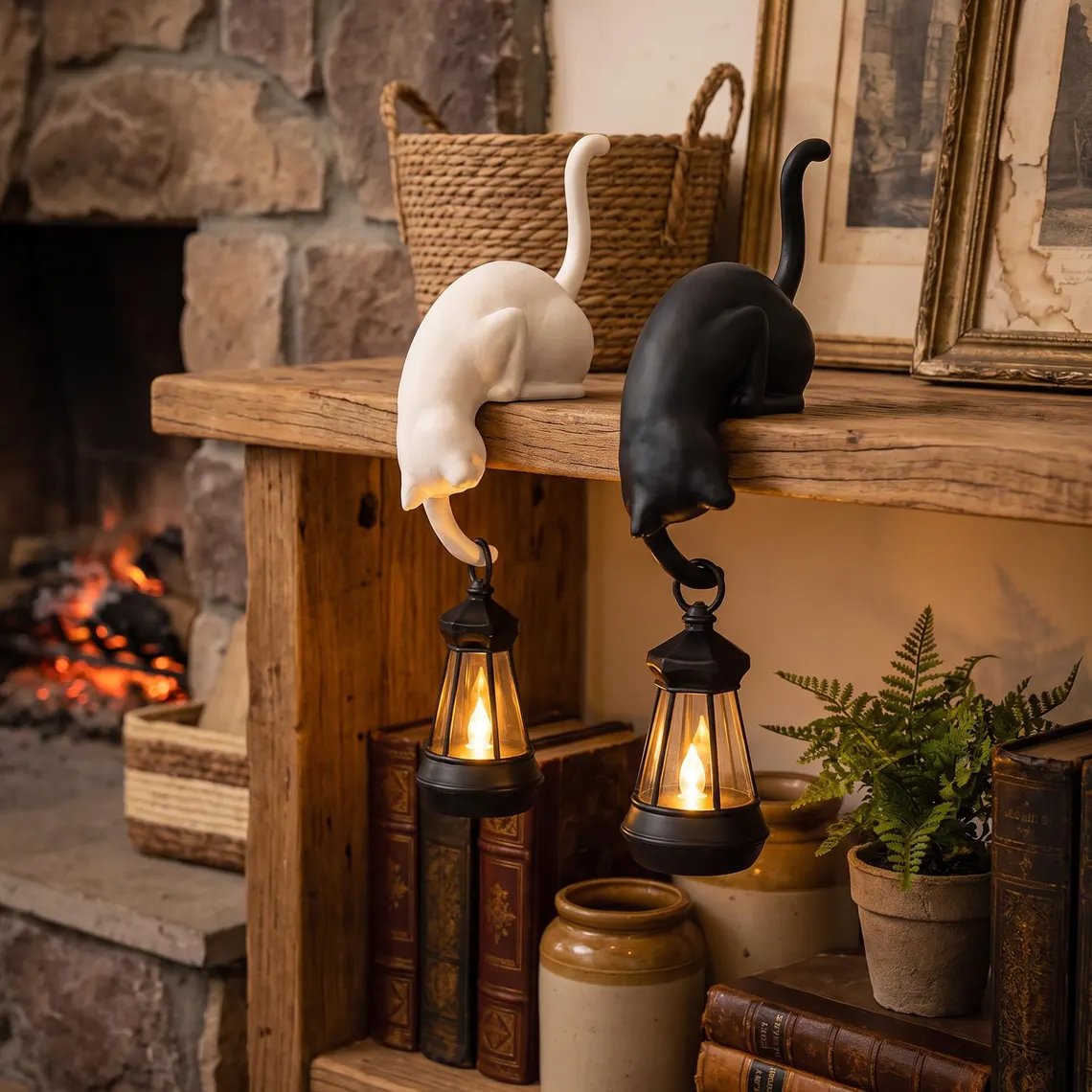 🐱✨ Cat Figurine with LED Lantern – Magical Bookshelf Decor for a Cozy Home Atmosphere 🏡