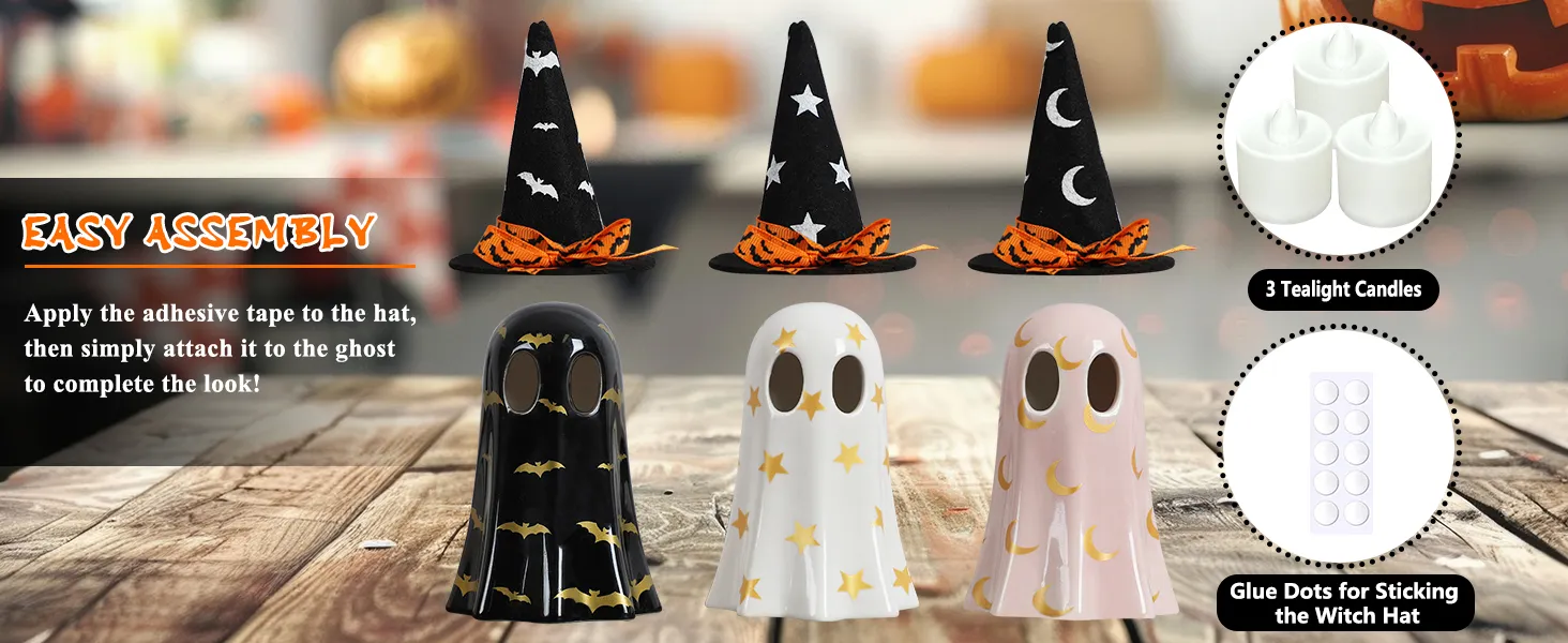 🎃🕷️👻 Set of 3 Halloween Ceramic Ghost Decor | Ceramic Ghost Figurines with Witch Hats, Cute Spooky Indoor Ornaments for Mantel, Shelf & Tabletop