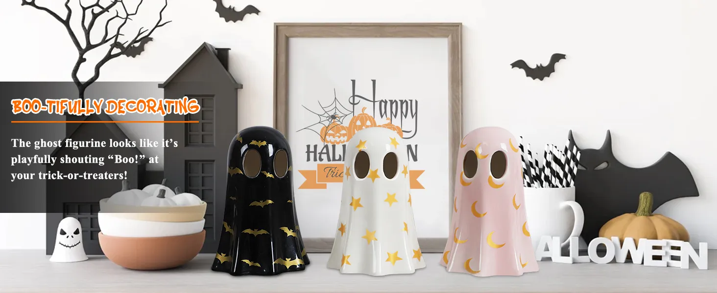 🎃🕷️👻 Set of 3 Halloween Ceramic Ghost Decor | Ceramic Ghost Figurines with Witch Hats, Cute Spooky Indoor Ornaments for Mantel, Shelf & Tabletop