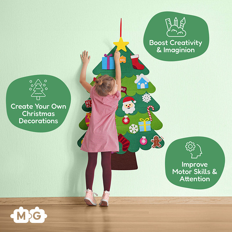 🎄 3D Felt Christmas Tree for Kids – 25 Ornaments, Wall Hanging DIY Decor Set
