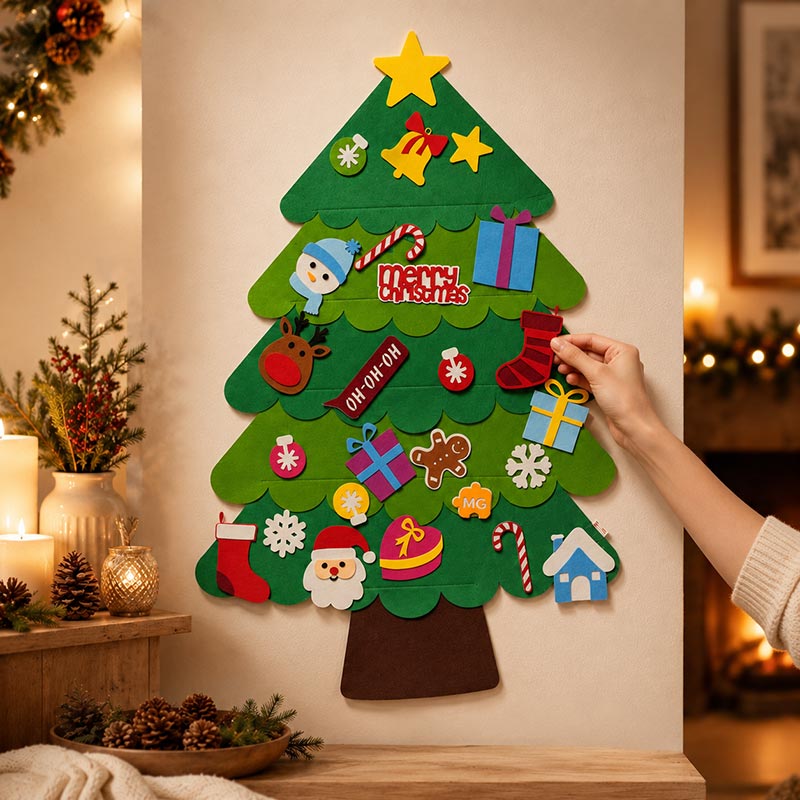 🎄 3D Felt Christmas Tree for Kids – 25 Ornaments, Wall Hanging DIY Decor Set