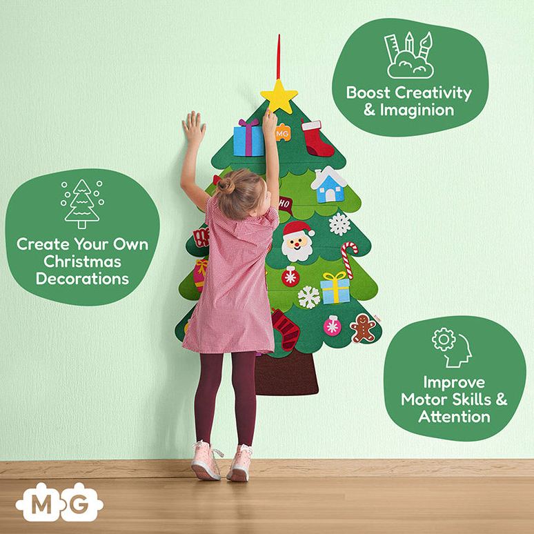 🎄 3D Felt Christmas Tree for Kids – 25 Ornaments, Wall Hanging DIY Decor Set