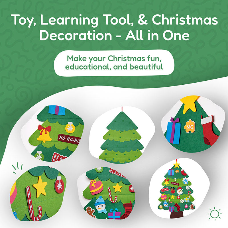 🎄 3D Felt Christmas Tree for Kids – 25 Ornaments, Wall Hanging DIY Decor Set