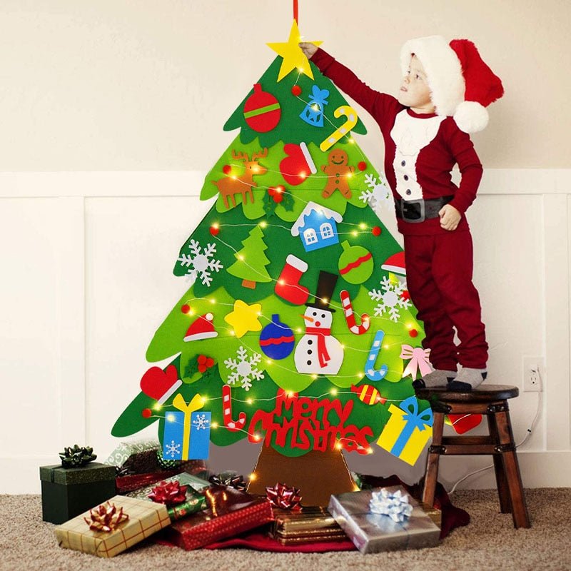 🎄 3D Felt Christmas Tree for Kids – 25 Ornaments, Wall Hanging DIY Decor Set