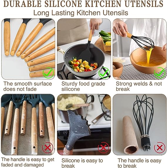 Chef Kitchen Cooking Utensils Set, 33 pcs Non-Stick Utensils Spatula Set with Holder, Black Wooden Handle Silicone Kitchen Gadgets