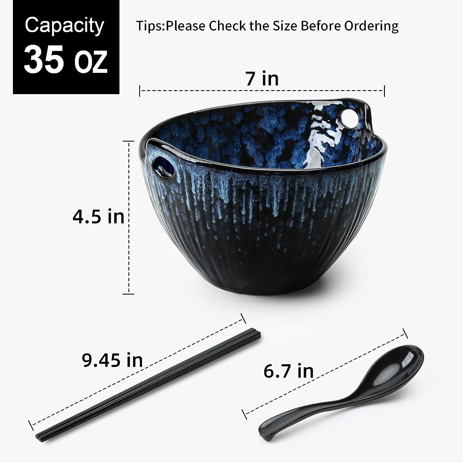 Ramen Bowl with Chopsticks and Spoons Set, 7 Inch Ceramic Noodle Bowl Set of 2, Dishwasher Safe for Pho Udon Soba Noodle Salad Pasta