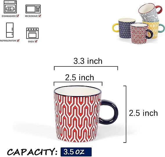 Ceramic 3.5 Oz Espresso Cups, Cappuccino Cups 2.5 Inch Porcelain Demitasse Cups Small Coffee Cups for Latte Mocha Milk Tea, Set of 4, Assorted Colors