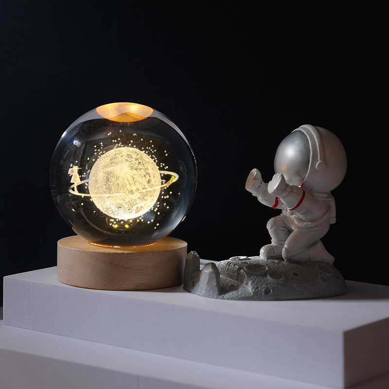 3D Crystal Ball Night Lamp Monochrome Clear With Wood Base