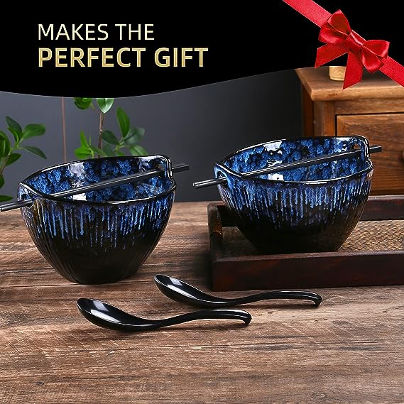  Ramen Bowl with Chopsticks and Spoons Set, 7 Inch Ceramic Noodle Bowl Set of 2, Dishwasher Safe for Pho Udon Soba Noodle Salad Pasta