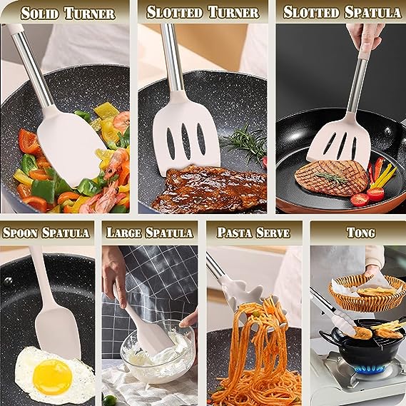Silicone Kitchen Cooking Utensil Set, 43 pcs Spatula Set with Stainless Steel Handle, Non-stick Heat Resistant - Best Cookware Set-(Khaki)