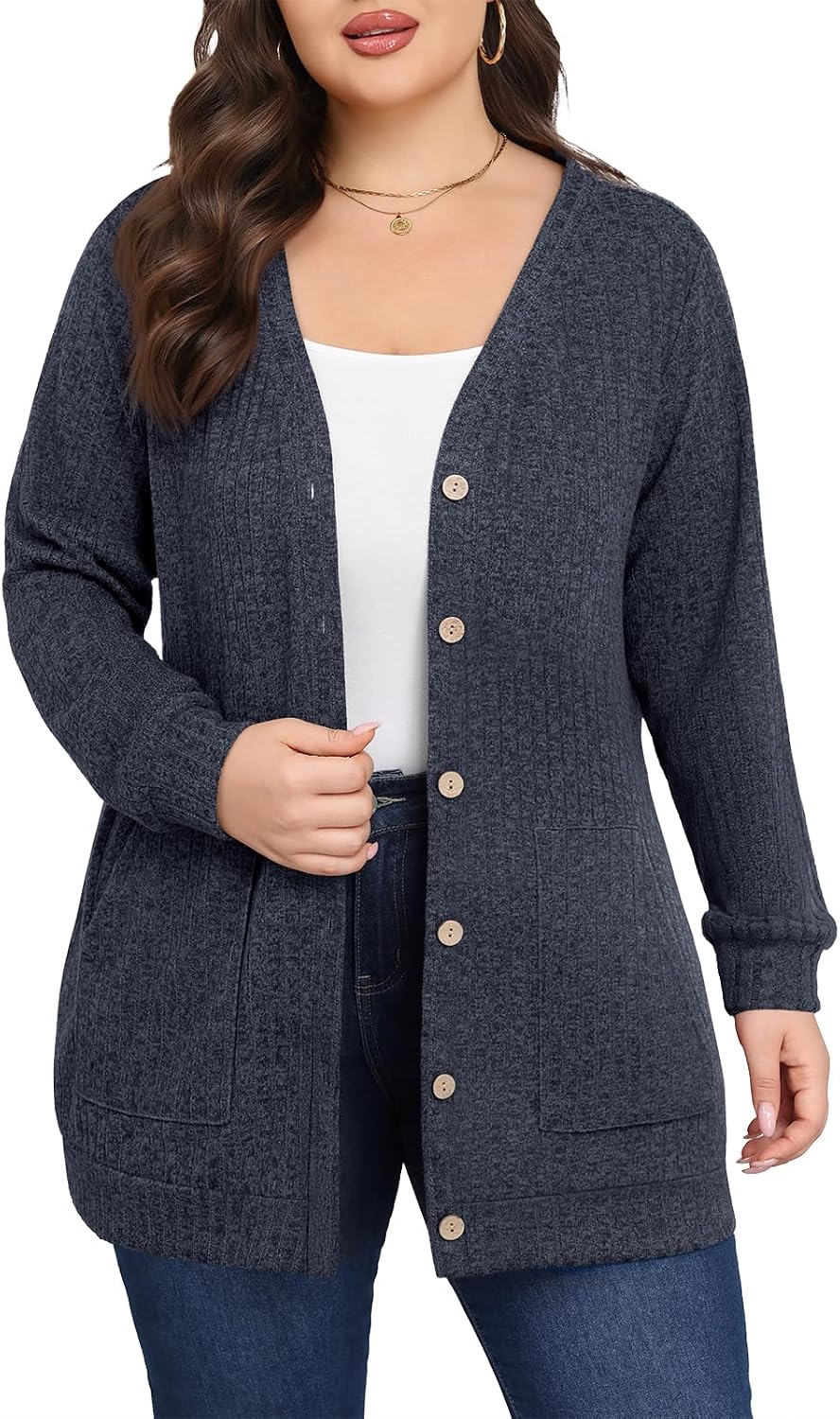 Women Plus Size Cardigan Fall Thin Sweaters with Pockets 1X-5X