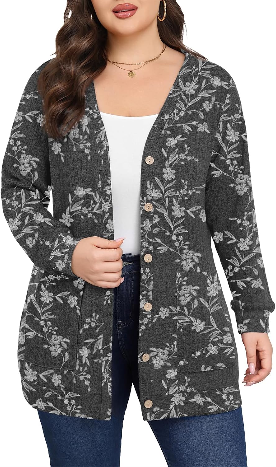Women Plus Size Cardigan Fall Thin Sweaters with Pockets 1X-5X
