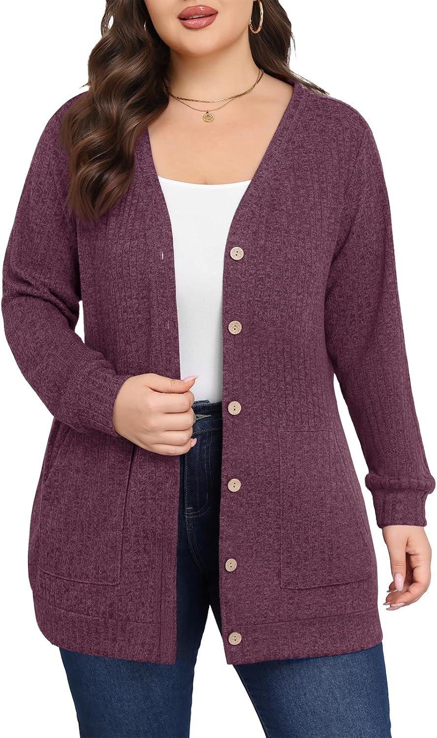 Women Plus Size Cardigan Fall Thin Sweaters with Pockets 1X-5X
