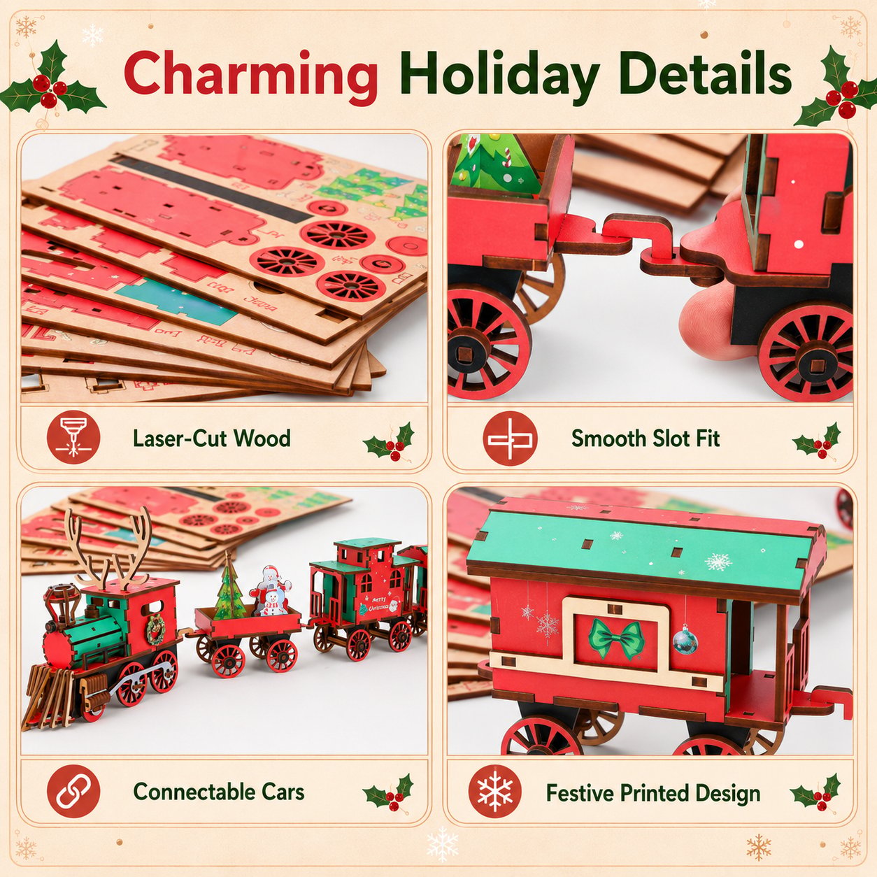 🎄DIY Christmas Wooden Train Set 3D Assembly Puzzle Kit
