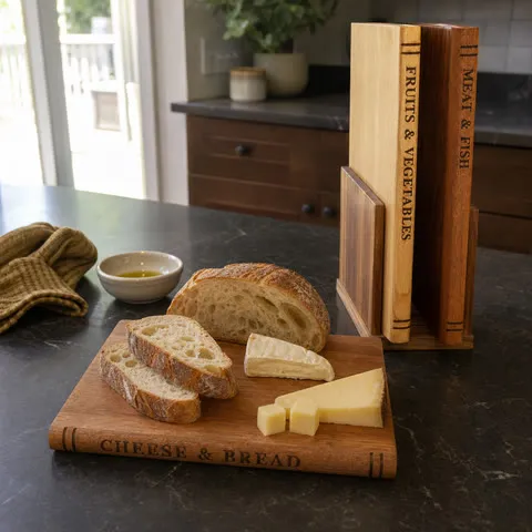 Solid wood board used for bread and cheese on a kitchen island