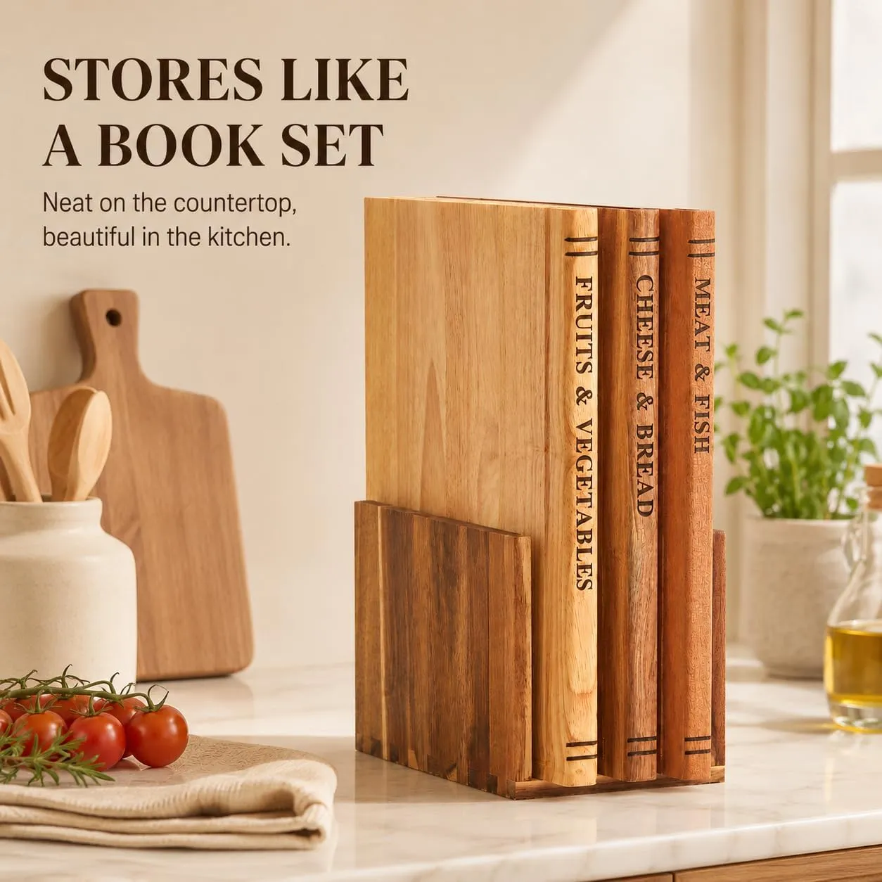 Book-style cutting board set displayed upright in its matching stand